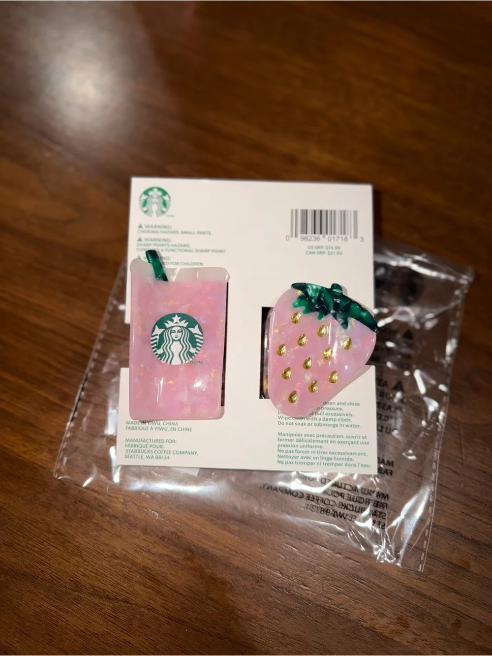 Starbucks Pink Strawberry & Cup Acetate Claw Clip Set